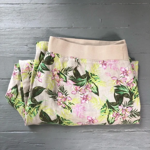 J Jill 100% Linen Pants Size L Flax Orchid Floral Tan Green Wide Leg Crop - Picture 11 of 12